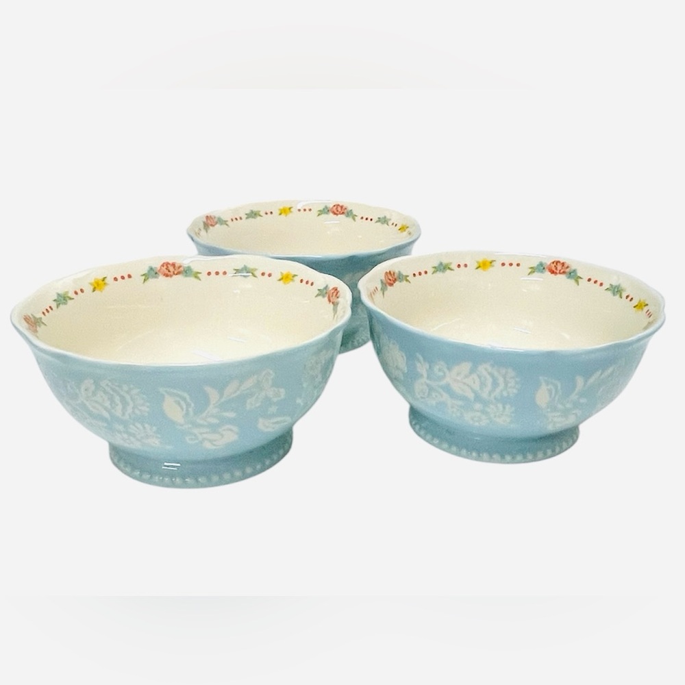 Pioneer Woman Sweet Rose Blue Footed Bowls Set of 3 6” Floral Ceramic Farmhouse